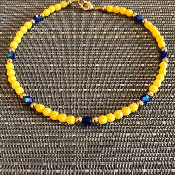 Yellow & Blue Beaded Handmade Ankle Bracelet - Picture 4 of 8